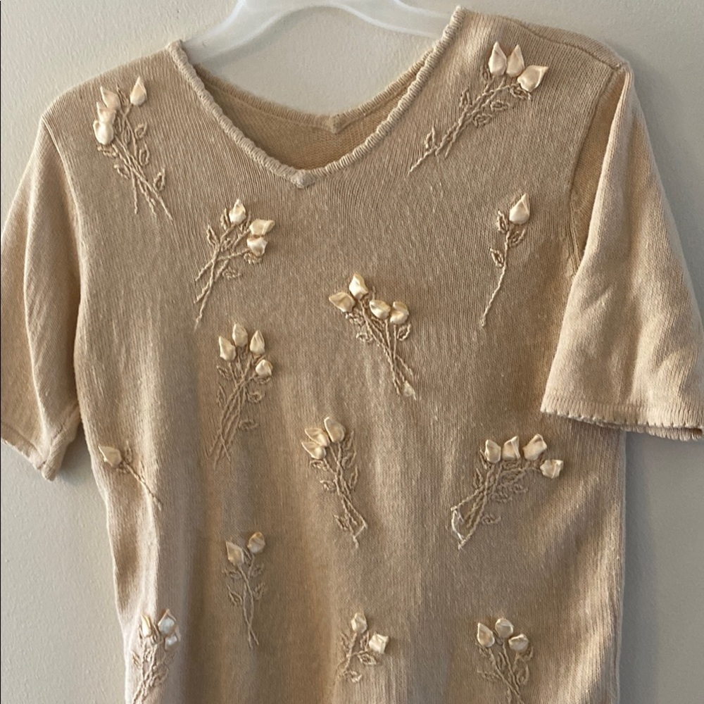 Embroidered Beige Short Sleeve Top
